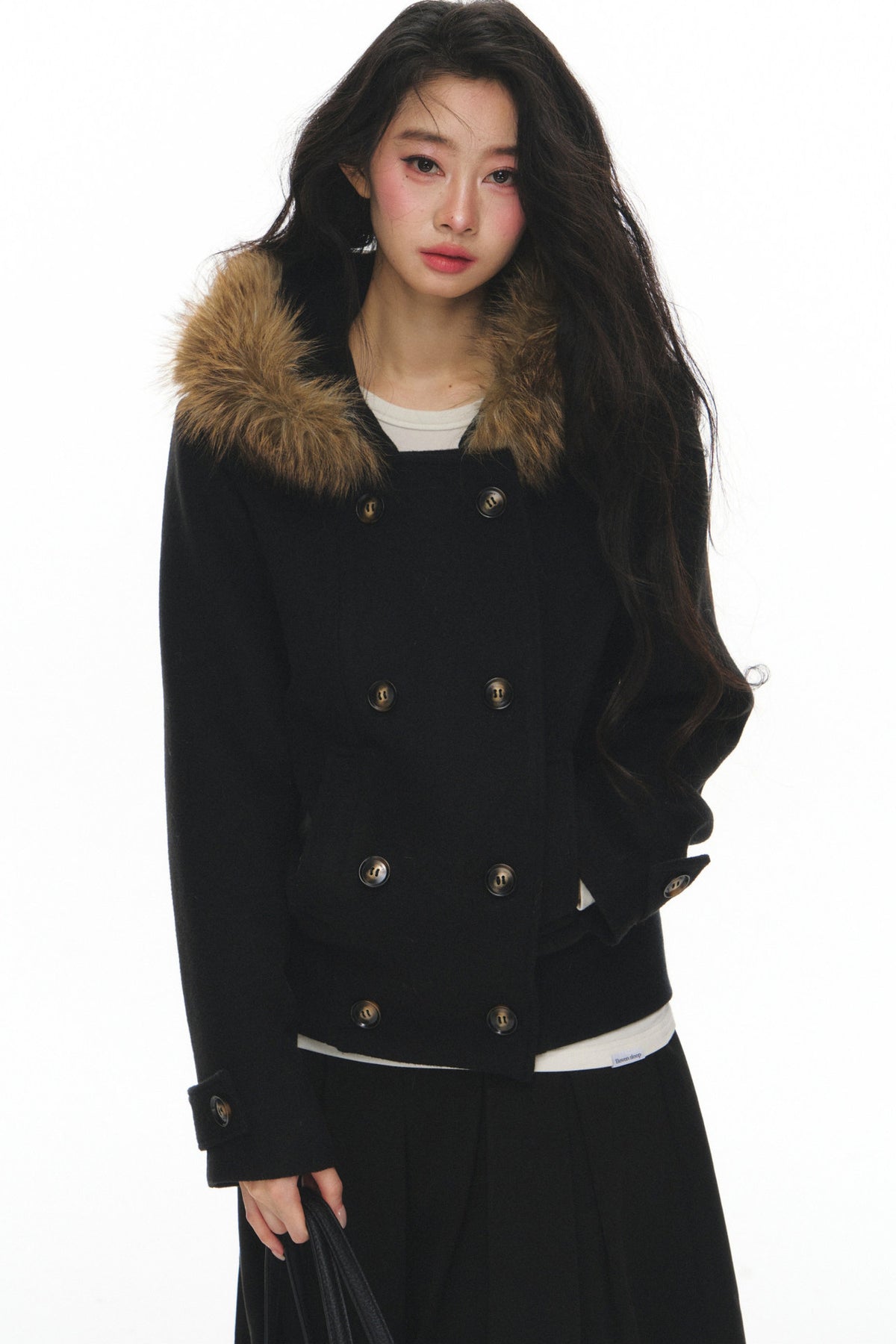 Wool Double-Breasted Fur Collar Coat Set-Up