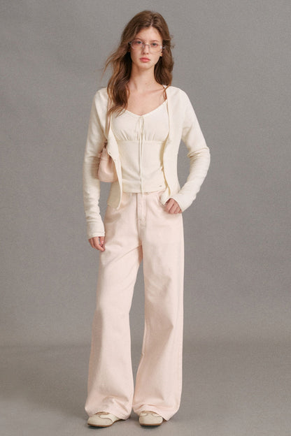 Lace-Up V-Neck Cardigan and Ruffle Hem Vest Set