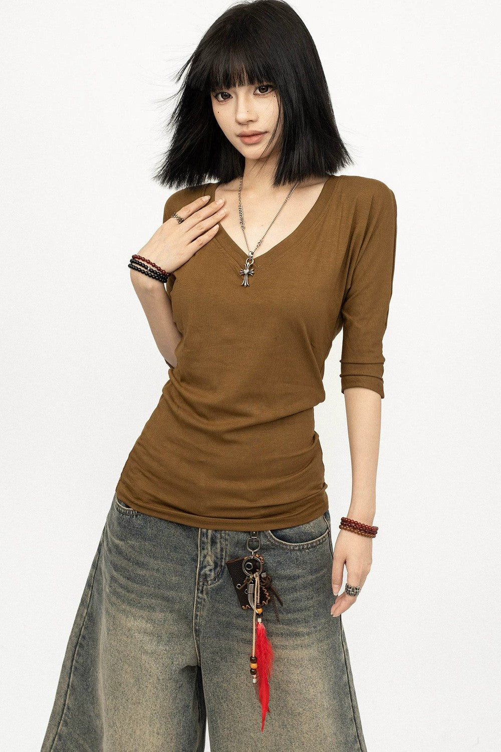 Brown V-Neck Sleeve Top