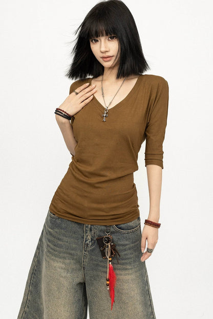 Brown V-Neck Sleeve Top