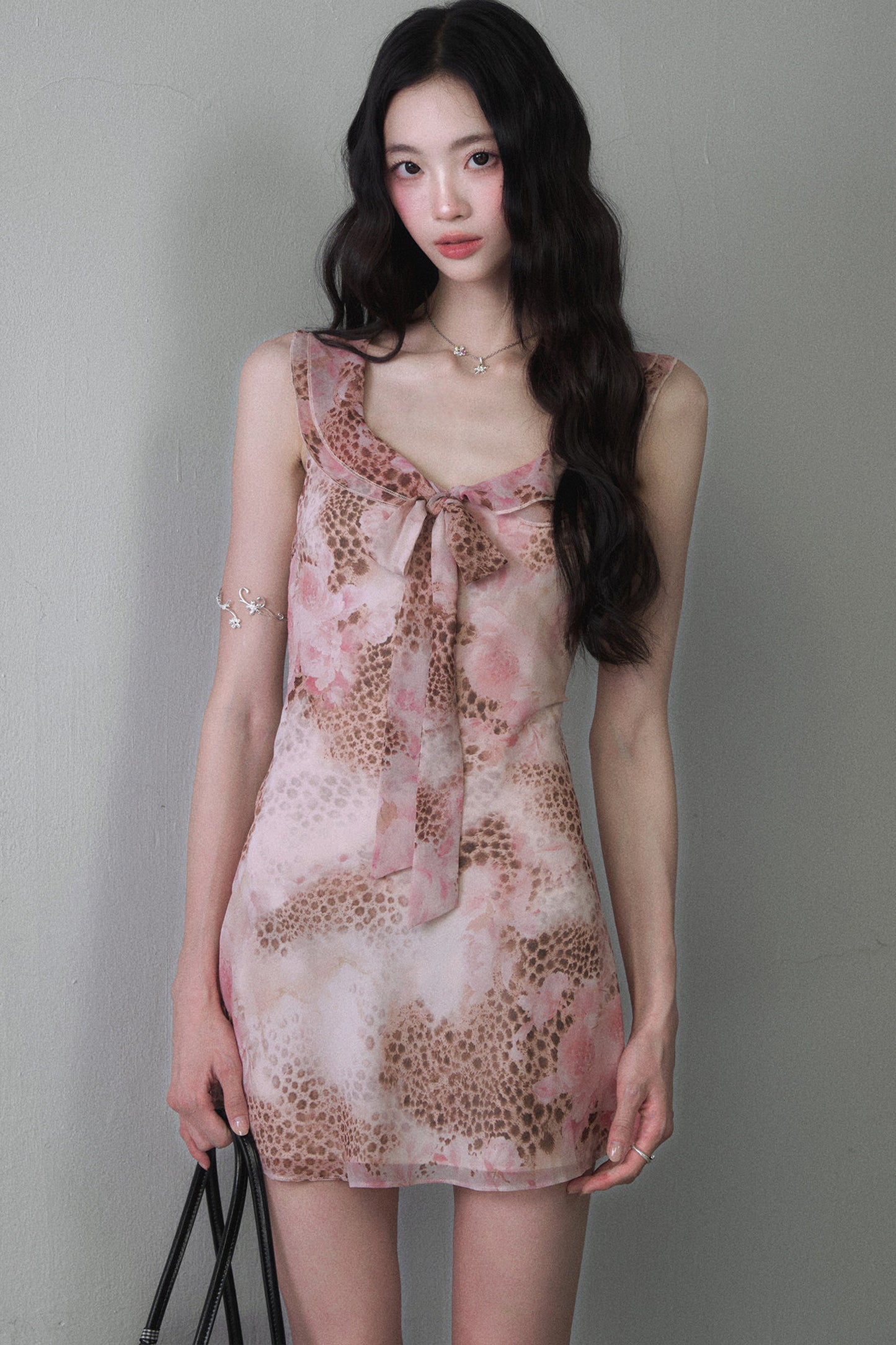 Pink Leopard Print Bow Tie Mini Dress