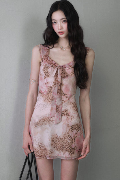 Pink Leopard Print Bow Tie Mini Dress