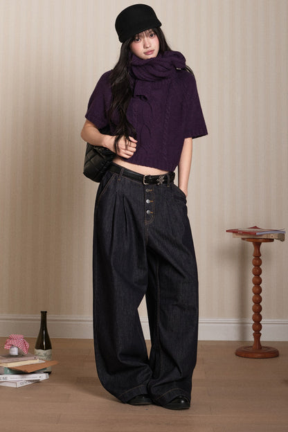 Short Sleeve Scarf Layered Knit Sweater