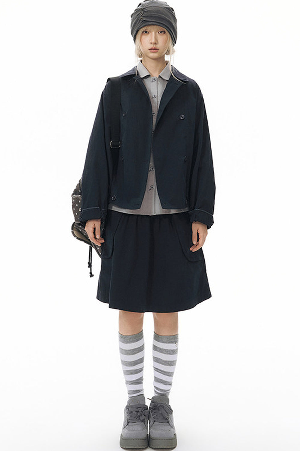 Side Seam Button Pleated Beanie Knit