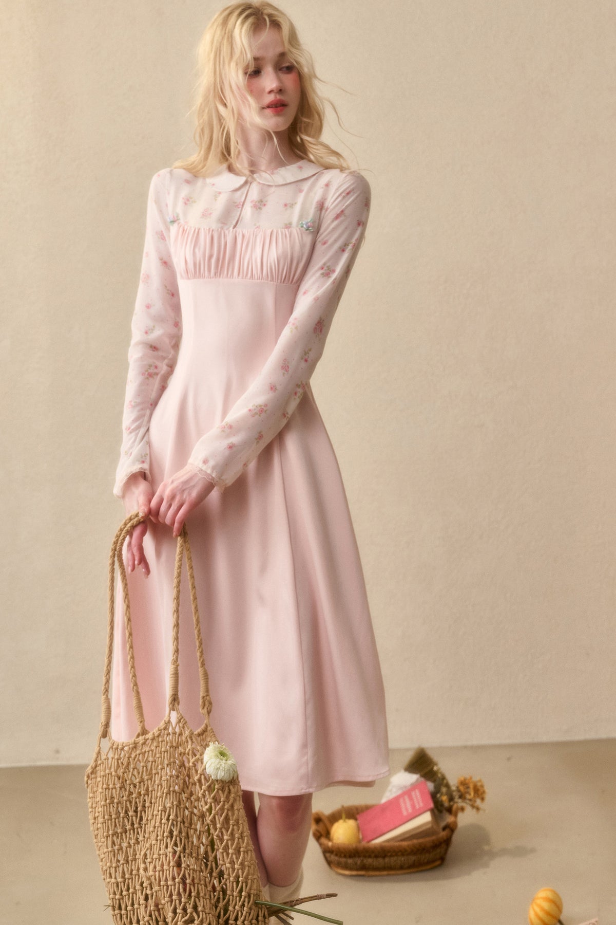 Peach Floral Satin Tencel Dress With Skirt Set-Up