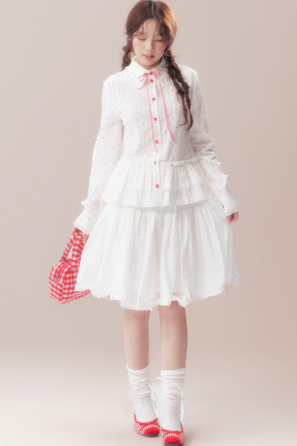 Bow Polka Dot Shirt and Skirt Set-Up