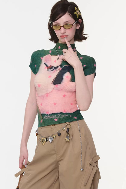 Green Star Cat Print Blouse