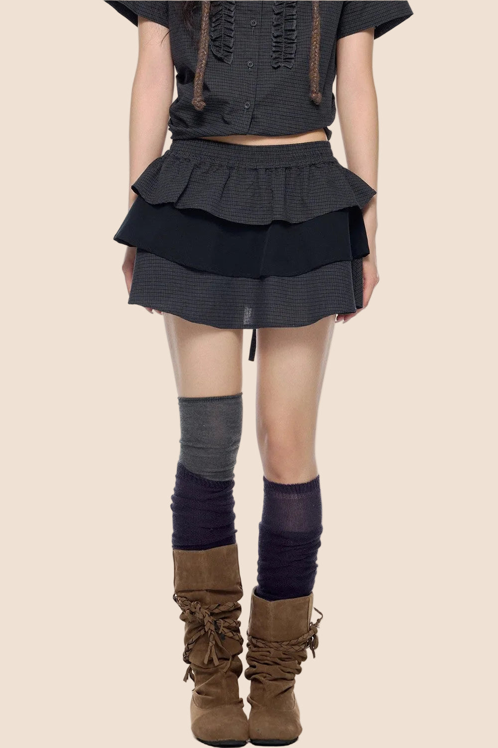 Plaid Pleated Blouse and Cake Skirt Set-Up