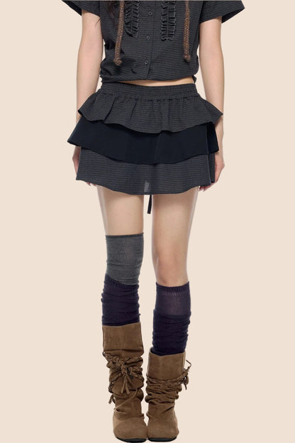 Plaid Pleated Blouse and Cake Skirt Set-Up