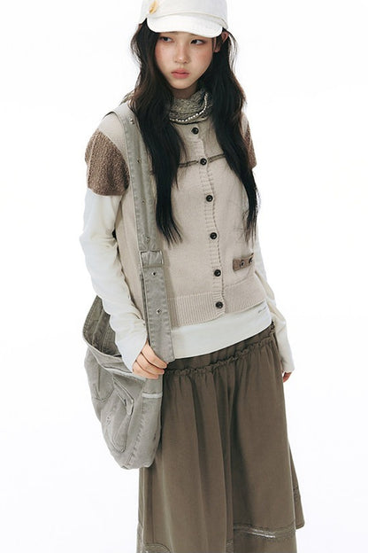 Elastic Waist Patchwork Wide-Leg Skirt Pants