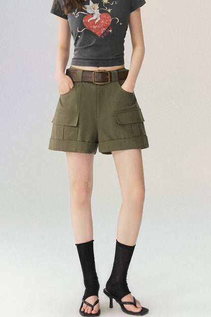 Multi-Pocket Rolled Hem Cargo Shorts