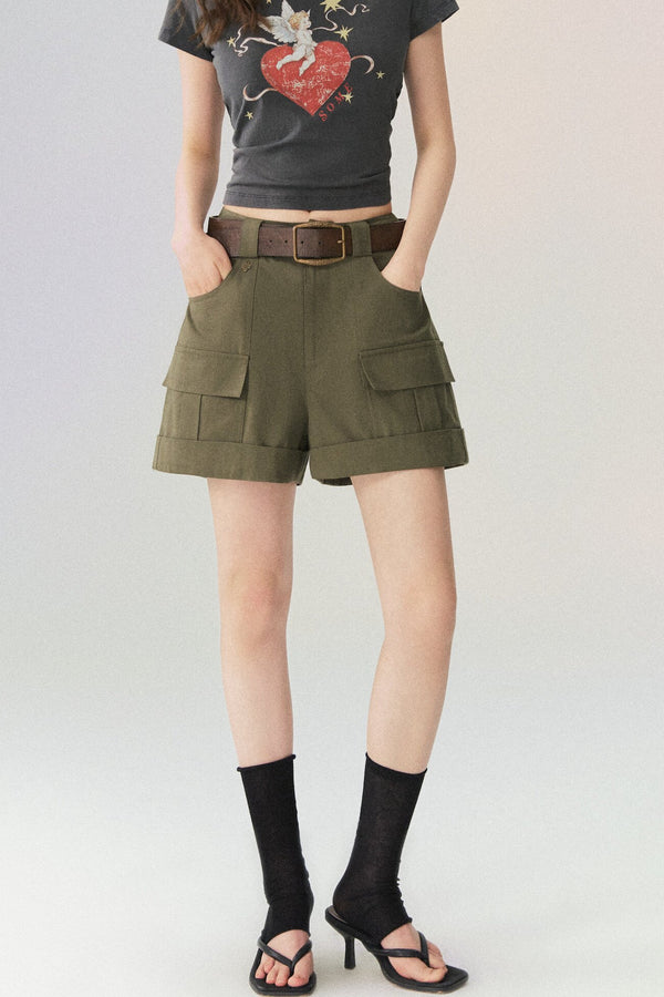 Multi-Pocket Rolled Hem Cargo Shorts