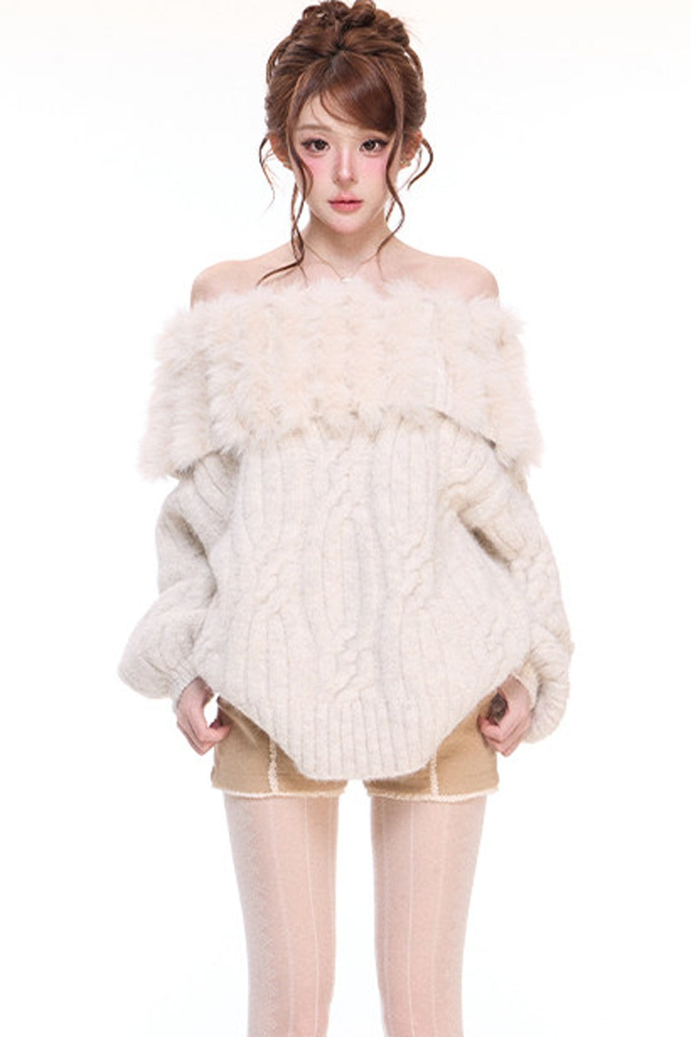 One-Shoulder Oversized Patchwork Cable Knit Sweater and Woolen Shorts Set-Up