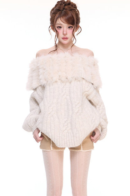 One-Shoulder Oversized Patchwork Cable Knit Sweater and Woolen Shorts Set-Up