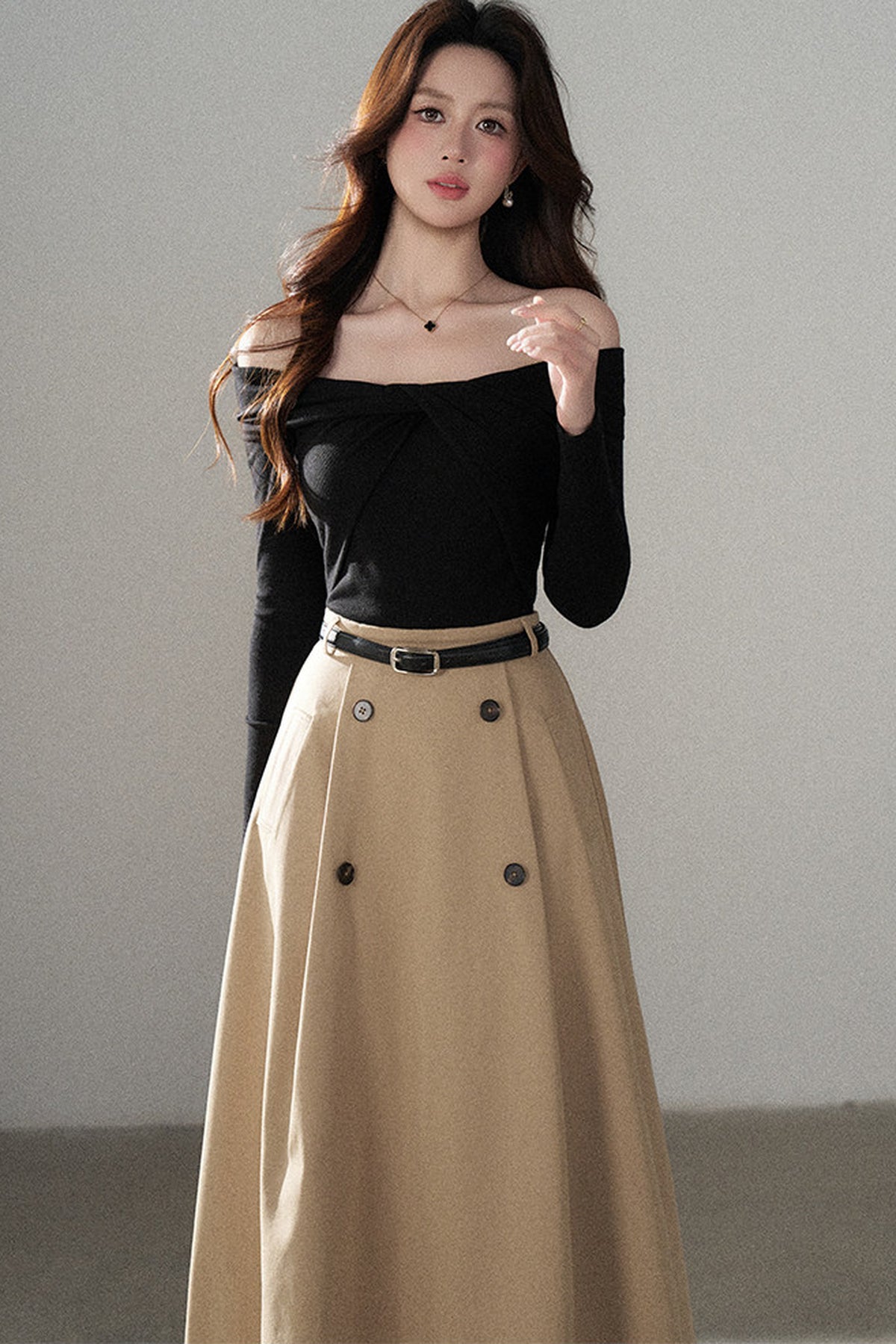 Knot Off-Shoulder Knit Pullover Top and Khaki Skirt Set-Up