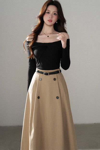 Knot Off-Shoulder Knit Pullover Top and Khaki Skirt Set-Up
