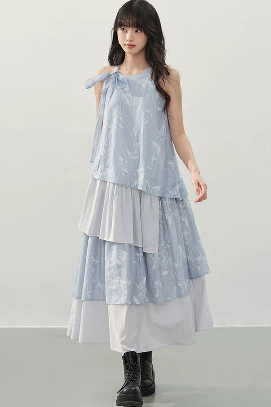 Blue Halter Print Tiered Dress