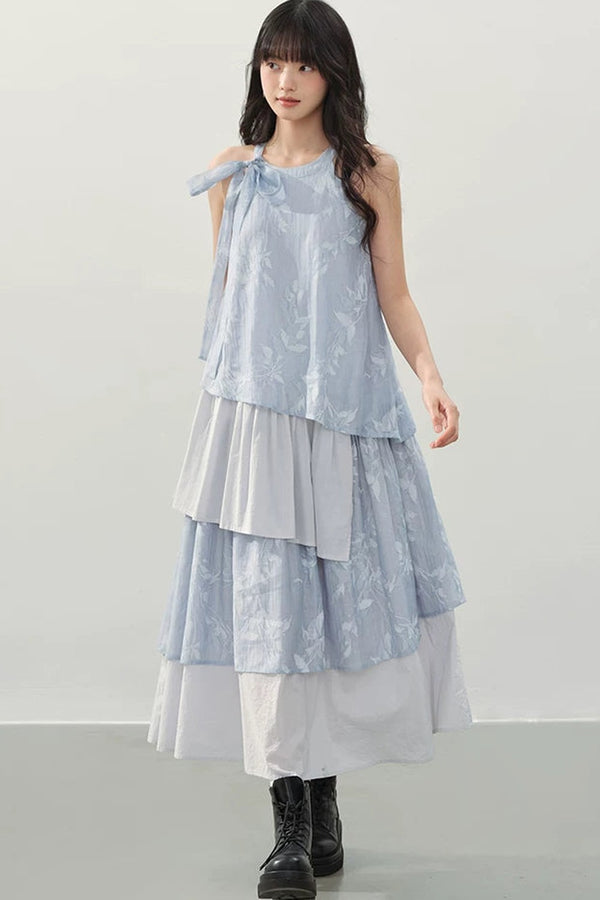 Blue Halter Print Tiered Dress