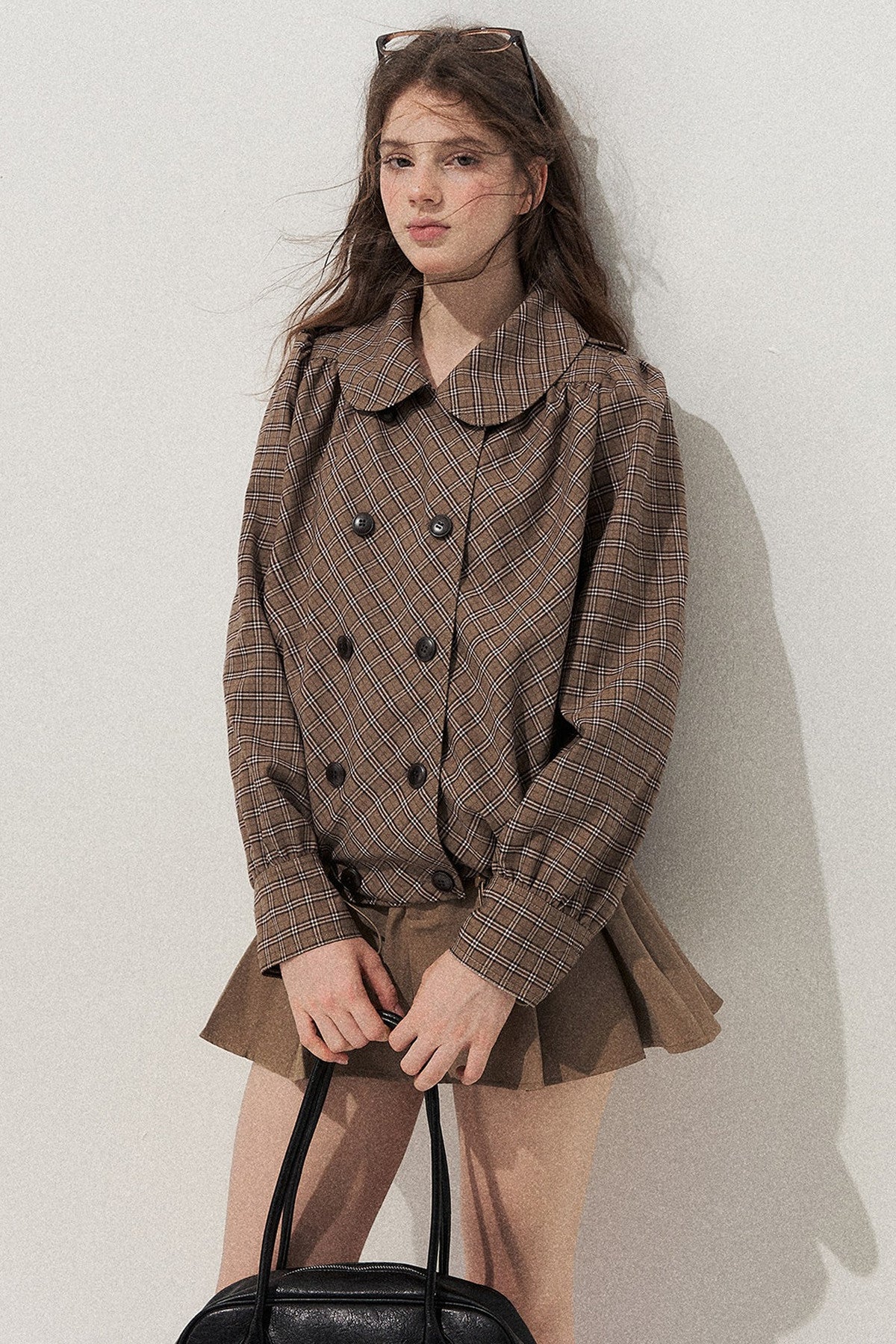 Brown Doll Collar Trench Coat and Skirt Set-Up