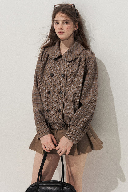 Brown Doll Collar Trench Coat and Skirt Set-Up