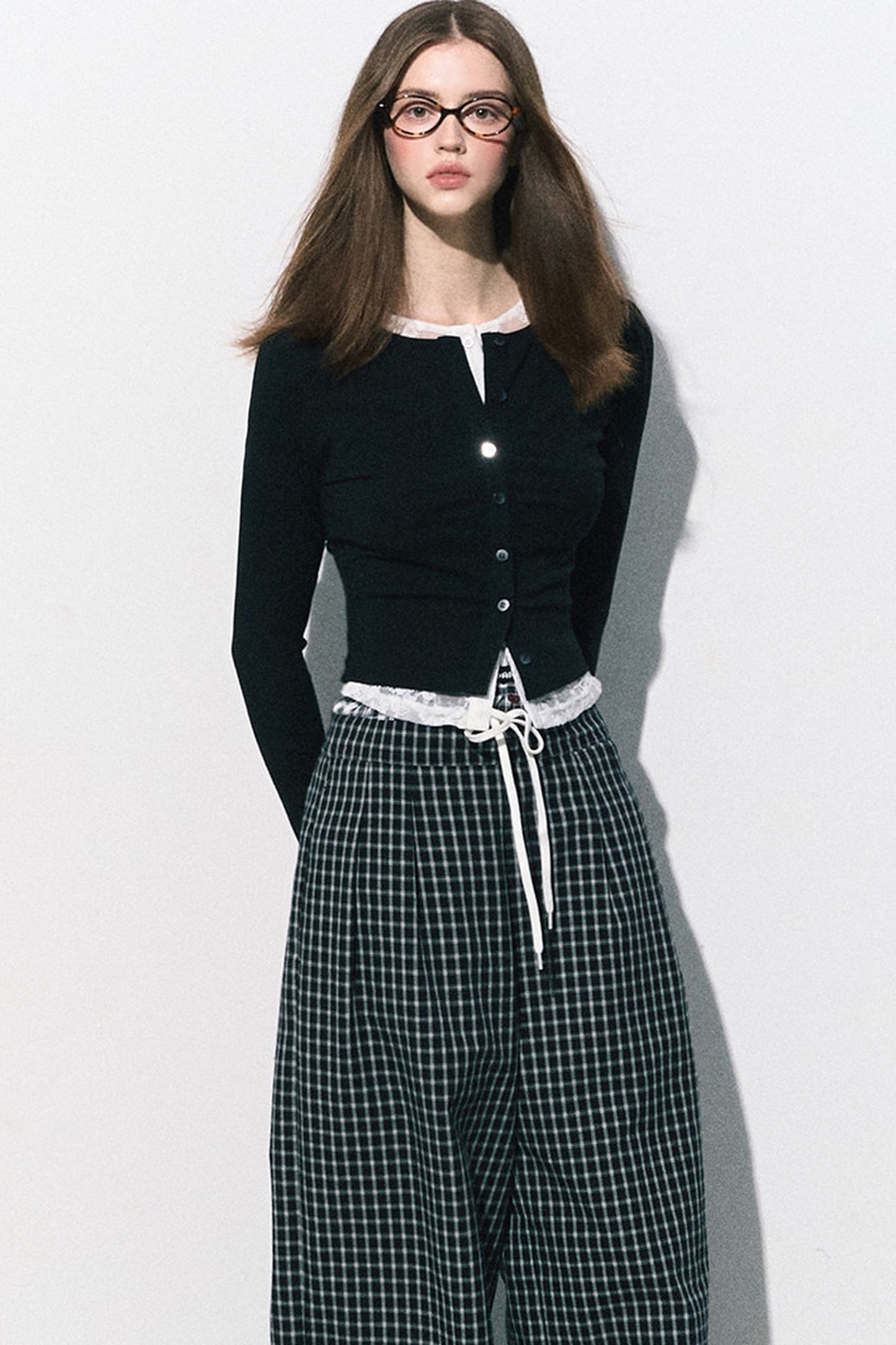 Drawstring Plaid Wide-Leg Pants