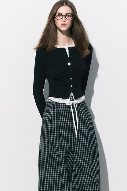 Drawstring Plaid Wide-Leg Pants