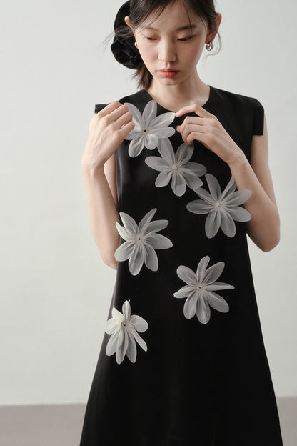 3D Floral Appliqué Satin Sleeveless Dress