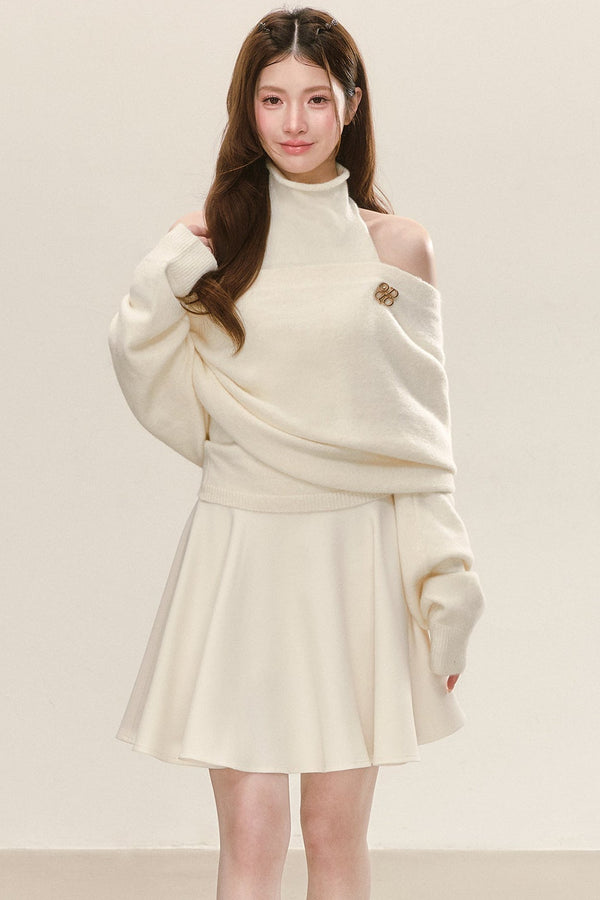 Cream Sleeveless Turtleneck Dress with Off-Shoulder Sweater Set-Up