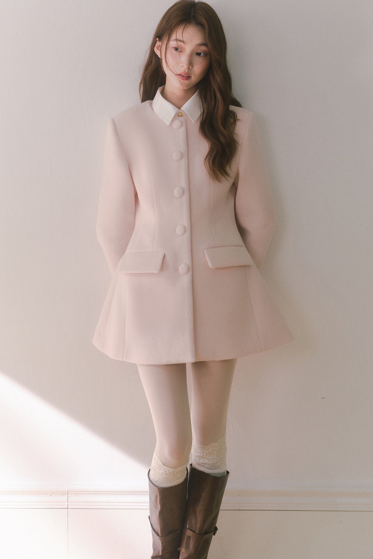 Pink Wool Shirt Collar Mid-Length Coat