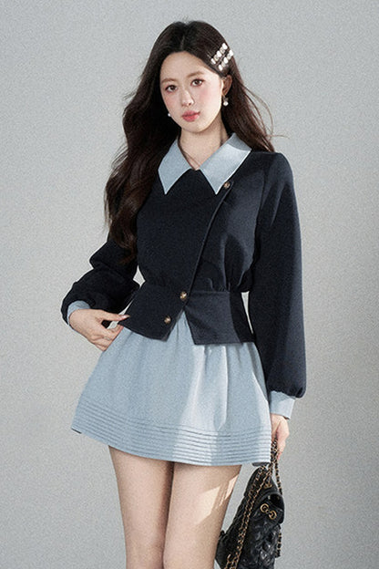 Color-Blocked Lapel Knit Top and Skirt Set-Up