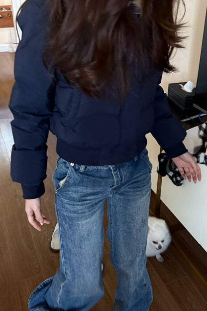 Navy Blue Fur Collar Padded Jacket and Pants Set-Up