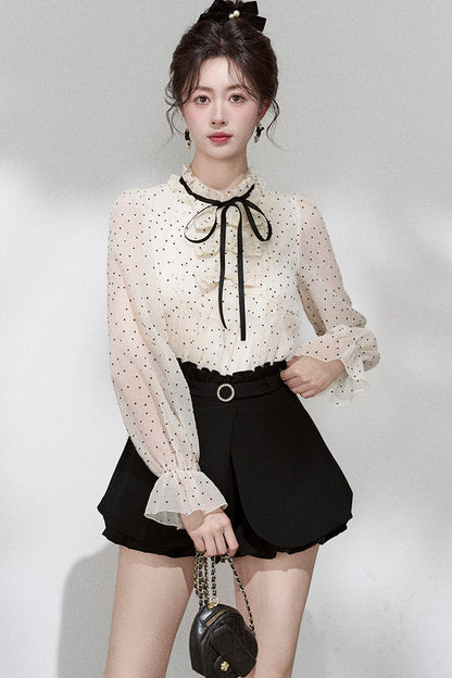 Polka Dot Chiffon Blouse and Skirt Set-Up