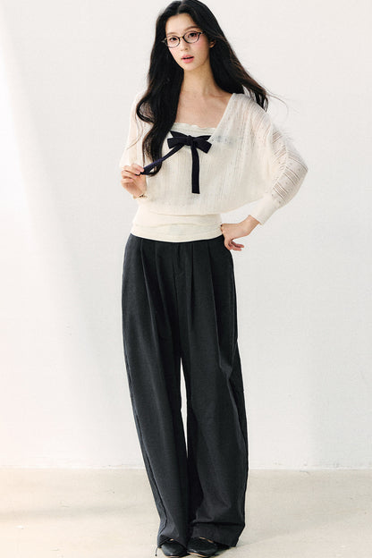 Bowknot Hollow-Out Knit Cardigan And Inner Top Set