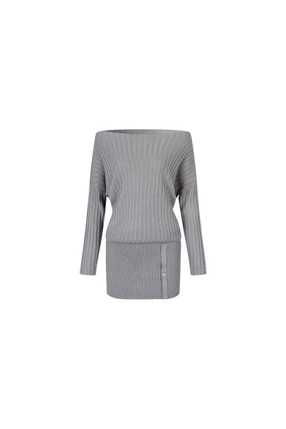Shiny Silk Button Diagonal Shoulder Dress