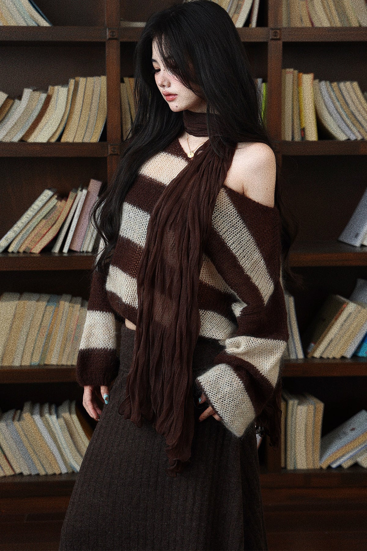 Wide Striped Off-Shoulder Pullover Sweater Set-Up