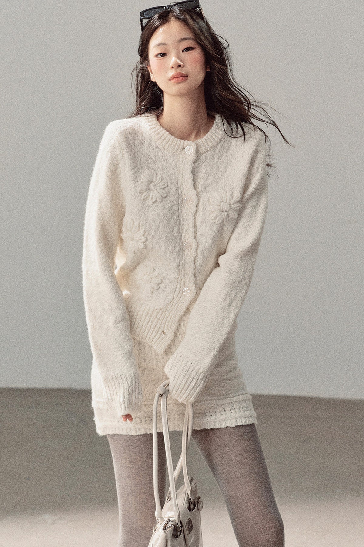 French Mercerized Wool Crochet Floral Cardigan and Skirt Set-Up