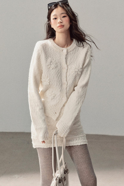 French Mercerized Wool Crochet Floral Cardigan and Skirt Set-Up