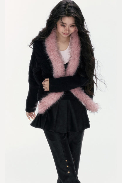 Detachable Fur Collar Batwing Knit Cardigan