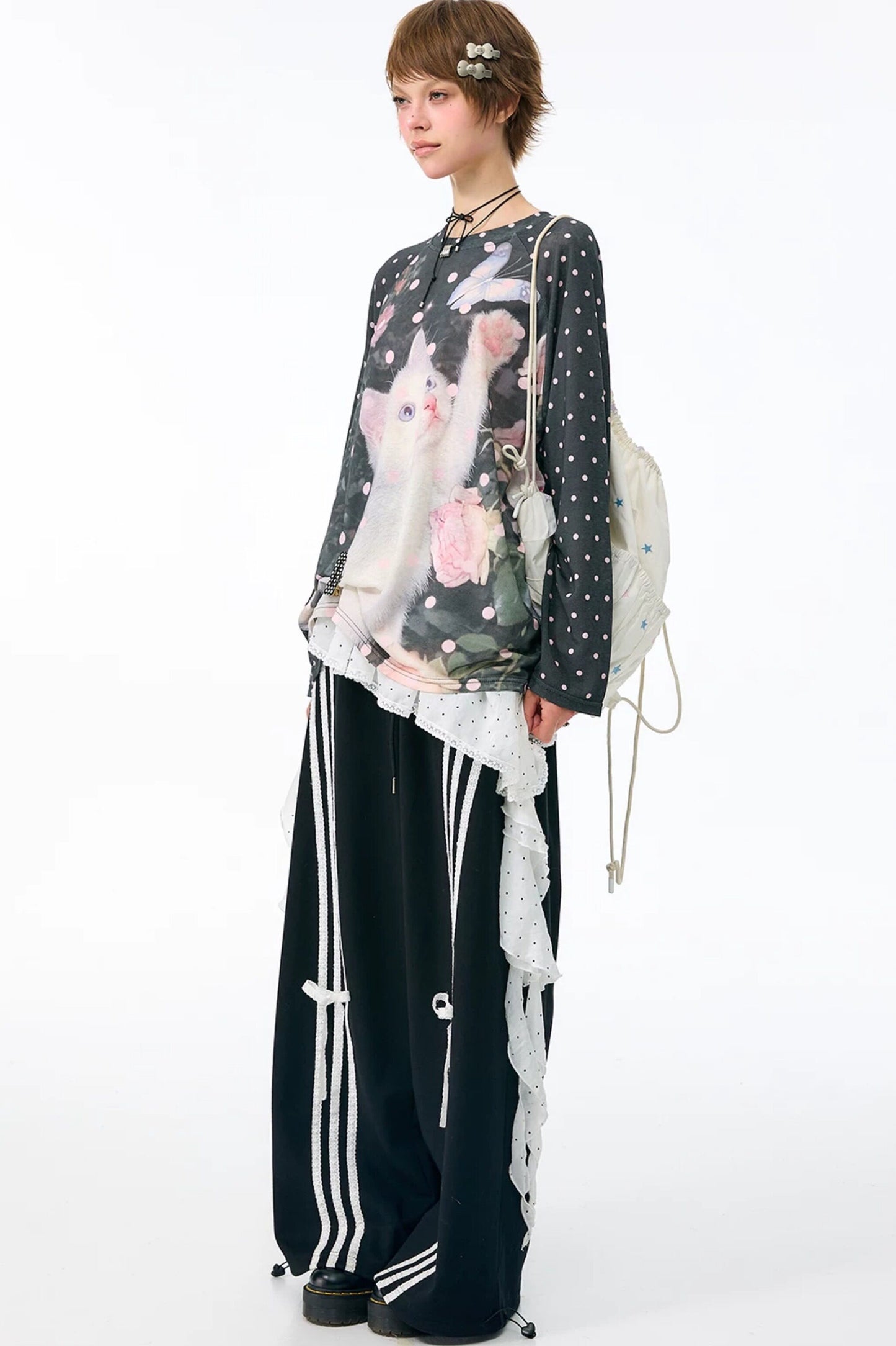 White Polka Dot Irregular Layered-Look Skirt