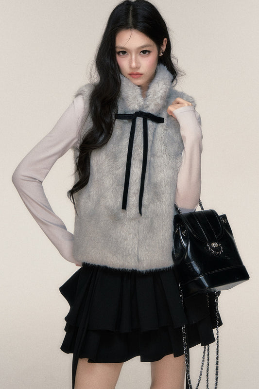 Bow Tie Faux Fur Vest