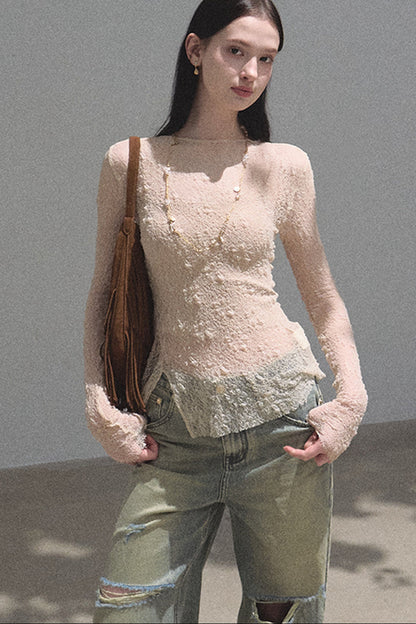 Silver Textured Knit Lace Blouse