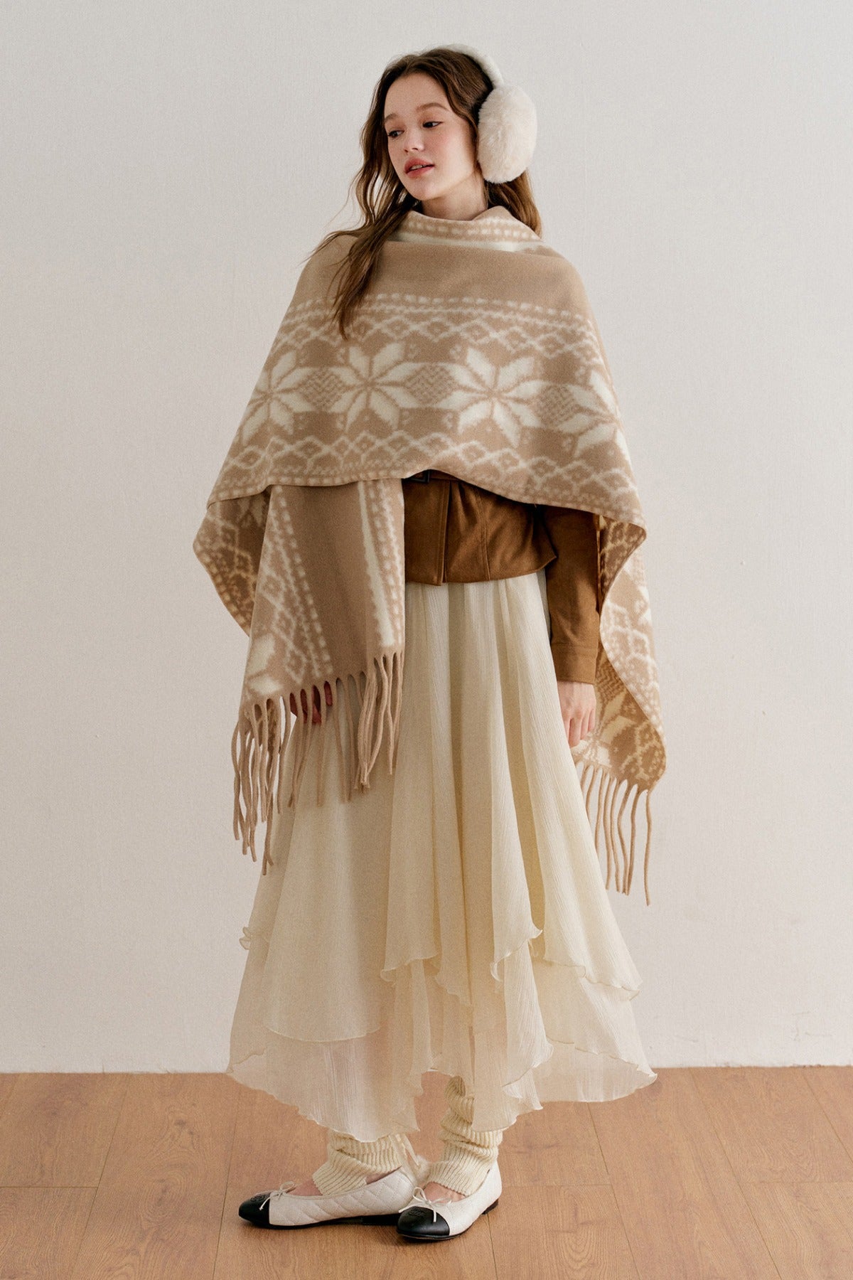 Khaki Fair Isle Jacquard Long Tassel Cape