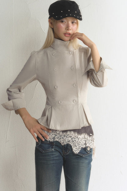 Stand Collar Double-Breasted Ruffled Hem Jacket