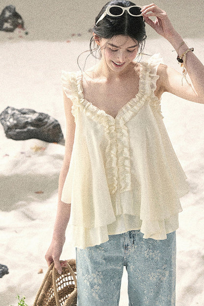 French Ruffled V-Neck Blouse