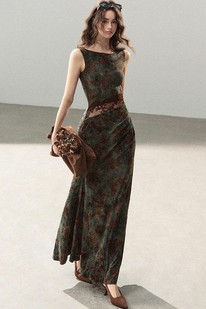 Moss Green Lace Floral Fishtail Dress