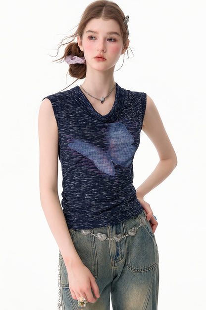 Navy Blue Butterfly Flutter Collar Tank Top