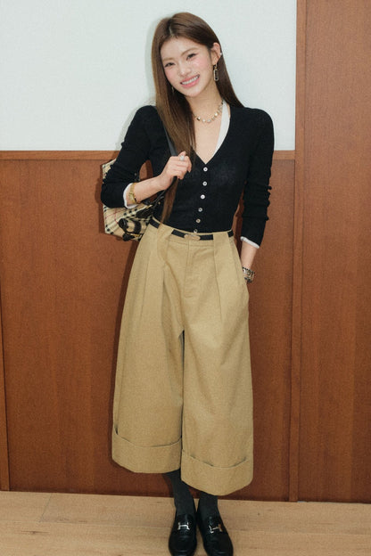 Layered-Look Top and High-Waisted Khaki Wide-Leg Cuffed Pants Set-Up