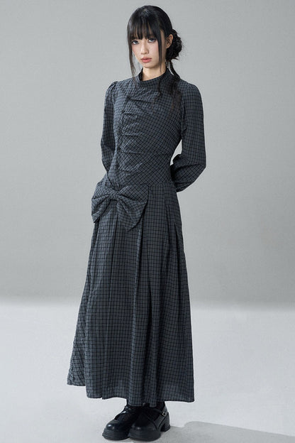 Plaid Bow Long Sleeve Dress