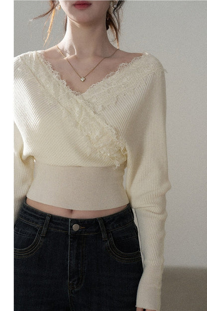 V-Neck Hollow Knit Top and Jeans Set-Up