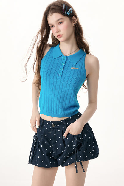 Blue Knit Polo Collar Halter Top